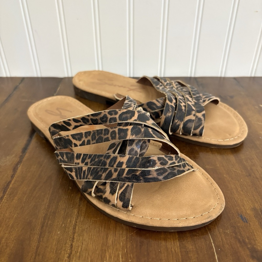 Seven7 Strappy Leopard Print Sandals Size 7 Stretchy Tan Black Slip On Preppy